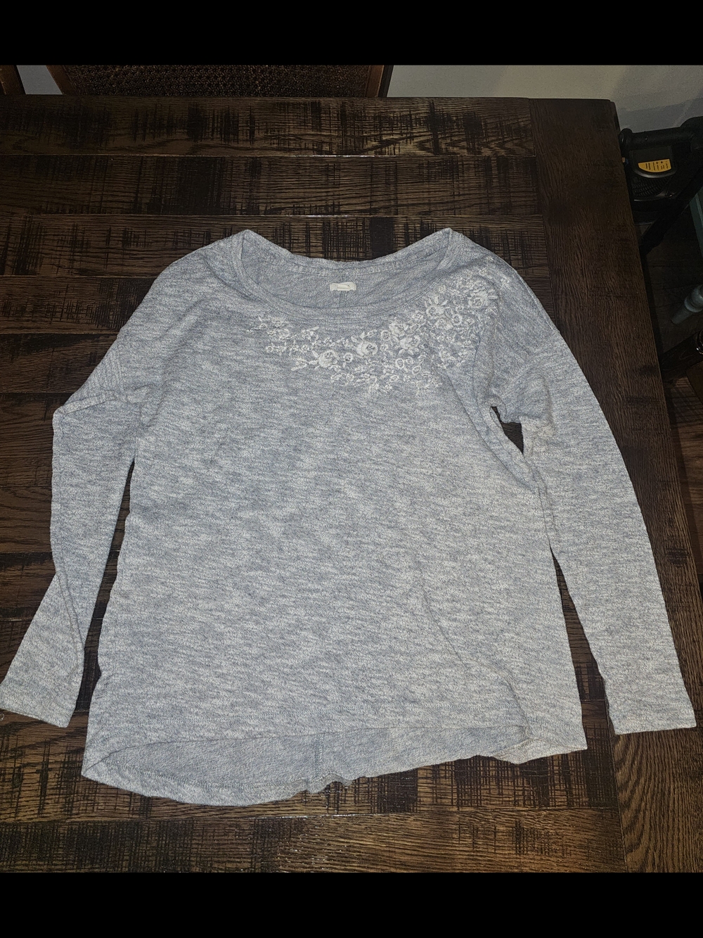 aerie Heather Gray Long-Sleeve Top with Embroidered Yoke